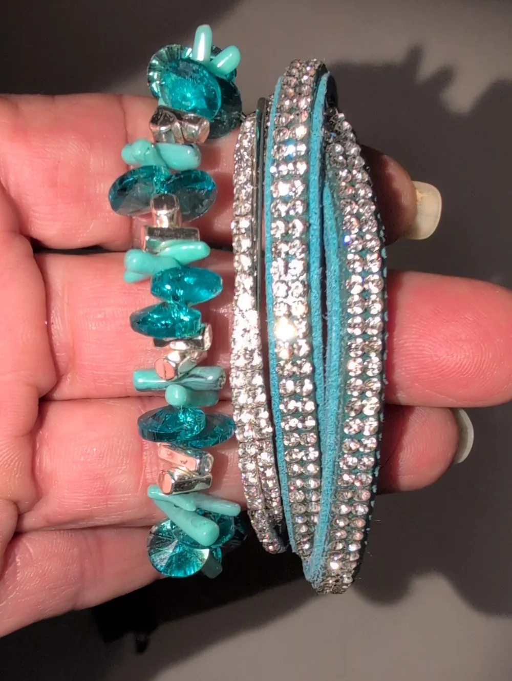 Turquoise Beaded, SilveToned Bracelet & Crystal & Beaded Wrapped Bracelet Set
